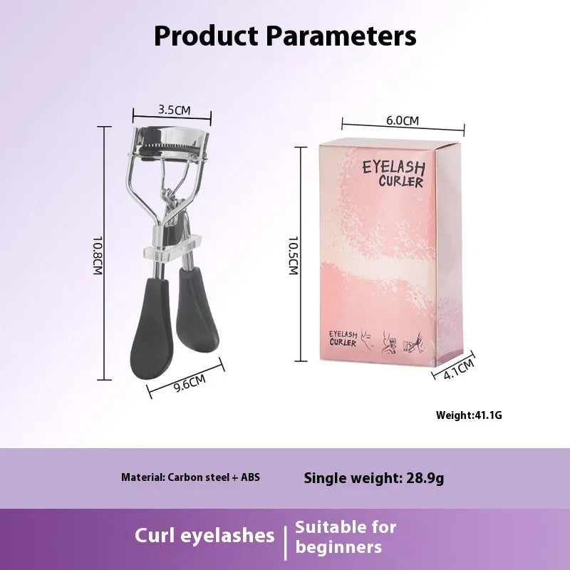 A4 manual eyelash curler with comb in black ribbon finish, carbon steel and ABS construction.