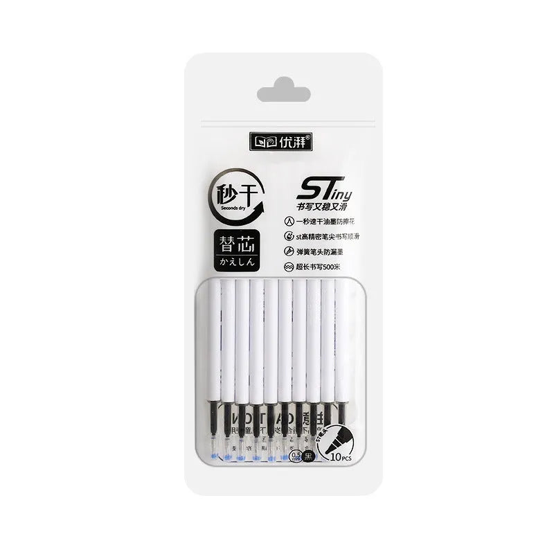 Pack of 10 quick-drying push bullet pen refill cartridges in black, red, blue, and ink blue.