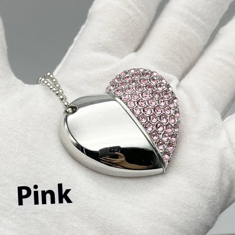 Heart-shaped metal USB flash drive with a brick pattern design, showing front and side views.