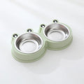 Blue stainless steel double pet bowl with frog design and non-slip base for cats and dogs