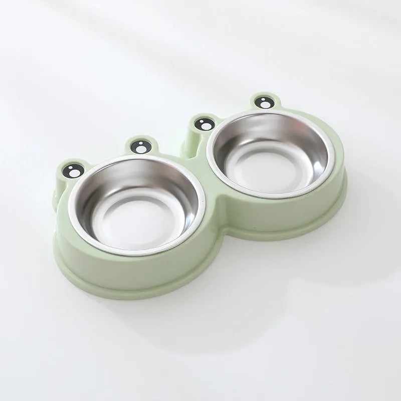 Blue stainless steel double pet bowl with frog design and non-slip base for cats and dogs
