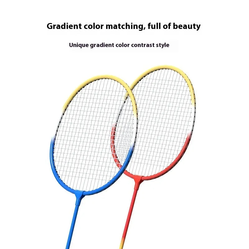 A pair of blue and red alloy ultra-light split badminton rackets laid side by side.