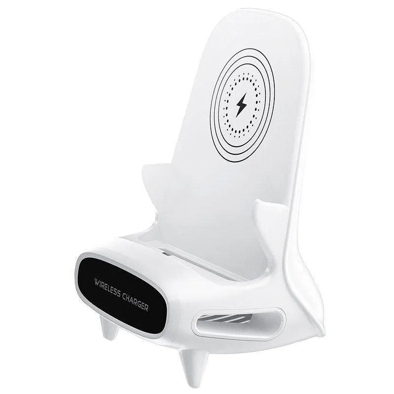 White mini chair shaped wireless charging stand for smartphones on desk