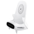 White mini chair shaped wireless charging stand for smartphones on desk