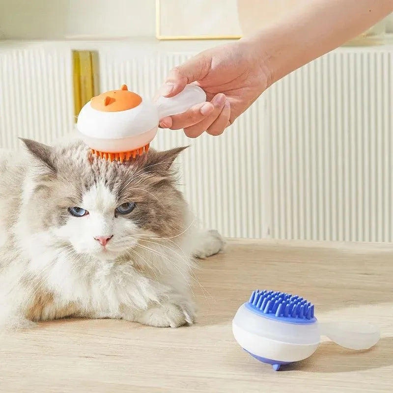 Automatic cleaning pet bath brush with soft gel massage bristles in blue and orange colour options