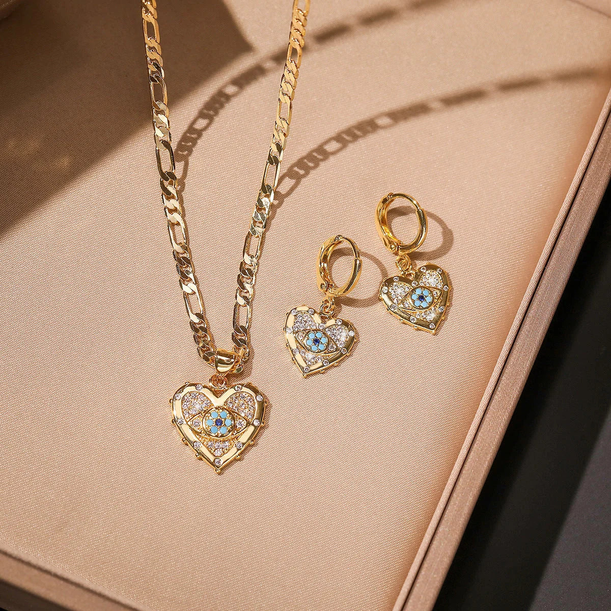 Copper plated real gold heart-shaped zircon pendant necklace and earrings suite