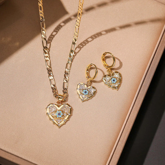 Copper plated real gold heart-shaped zircon pendant necklace and earrings suite