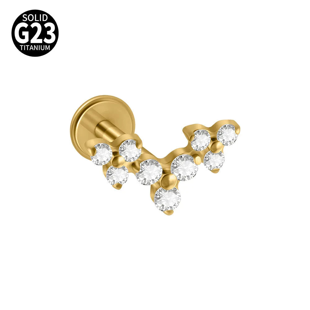 G23 titanium stud earrings with cherry zircon butterfly flower design, 1.2x8mm, gold electroplated finish