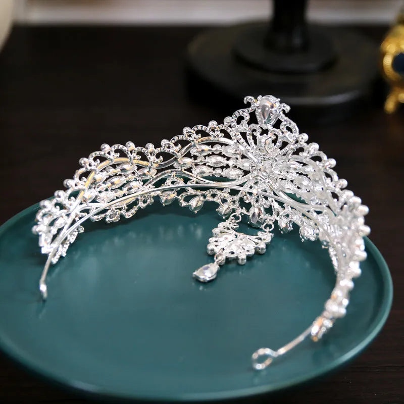 Silver Baroque bride crown with pearl and quota decoration on alloy frame, 15cm diameter