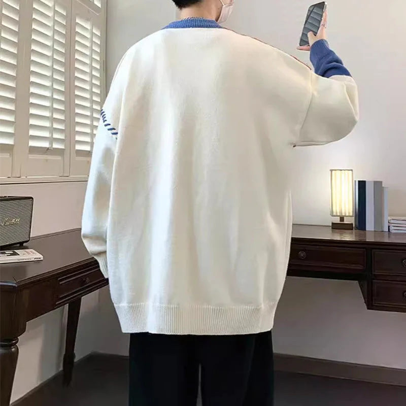 Men's Colorblock Pullover Sweater in green, orange, and grey for winter fashion