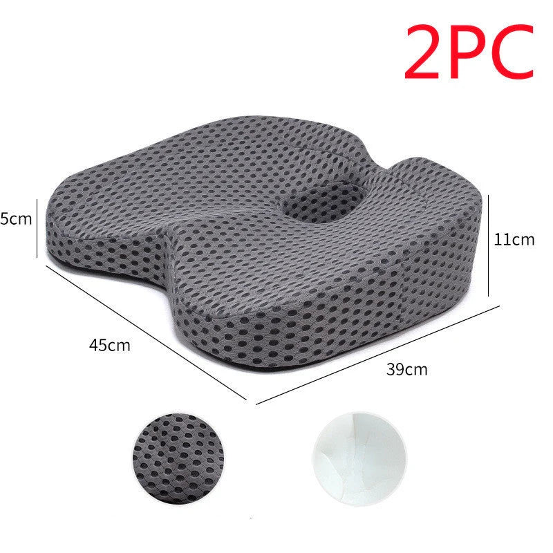 Slow Rebound Memory Foam Car Seat Cushion in white and grey, featuring breathable corrugated mesh fabric