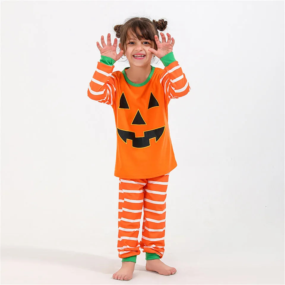 Orange cartoon print polyester family Halloween pajama set for parents and children