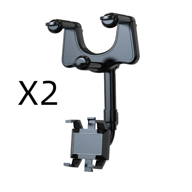 Black rearview mirror car phone holder with four-claw grip and adjustable arm mounted on a car mirror.
