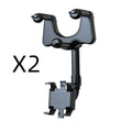 Black rearview mirror car phone holder with four-claw grip and adjustable arm mounted on a car mirror.