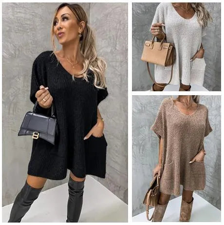 Loose fit V-neck long sleeve pullover top in deer velvet fabric with pockets, black colour