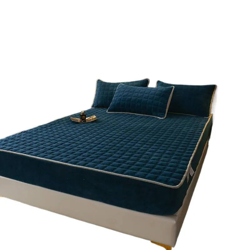Fleece-lined milk fibre quilted fitted sheet for single bed winter thickened bedspread blue colour