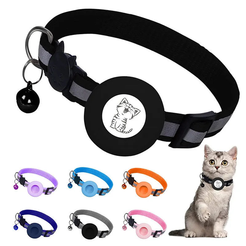 Apple Airtag protective cover collar for cats in stripes pattern with bell and reflective material
