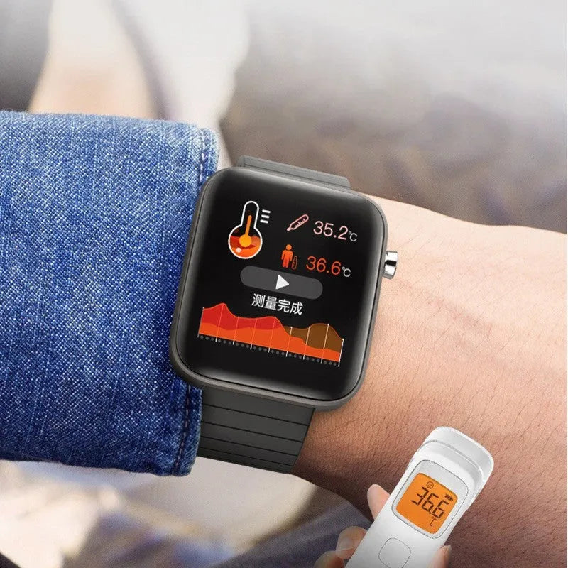 Black health monitoring smart bracelet showing blood pressure and temperature tracking on 1.54-inch screen