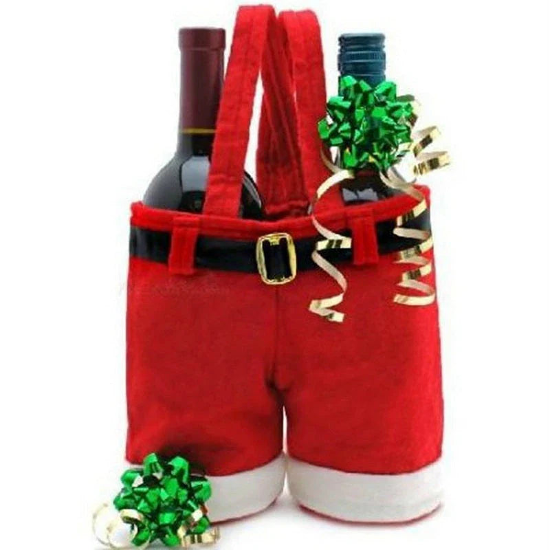 Festive wool Santa pants-style Christmas gift bag in red, perfect for holding holiday treats and small gifts