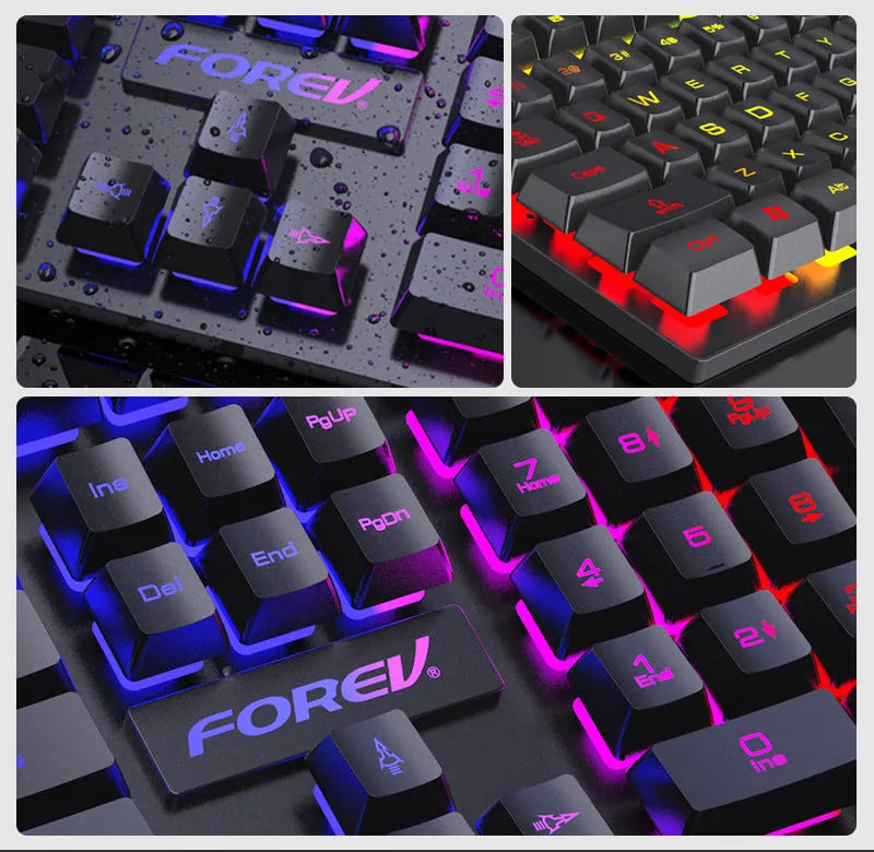 Wired four-piece keyboard mouse headset and mouse pad set with USB cables on a desk