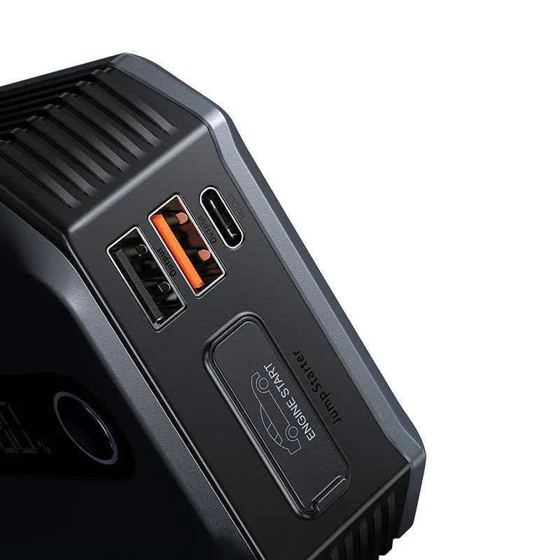 Baseus Super Energy Max black portable car jump starter with 20000mAh battery and 2000A peak current on a dark background