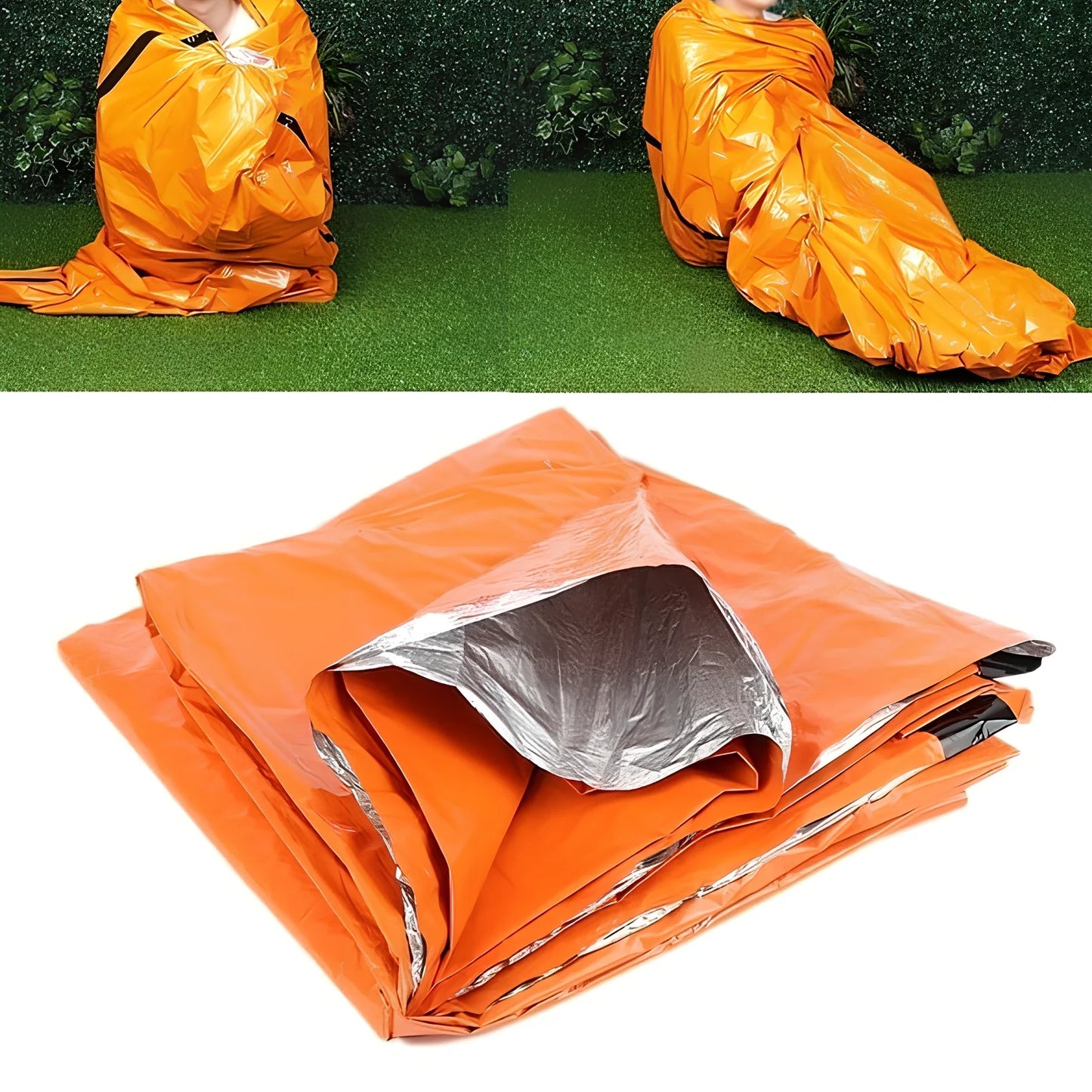 Orange aluminized emergency sleeping bag unfolded 203x90 cm, waterproof PE material for outdoor adult use