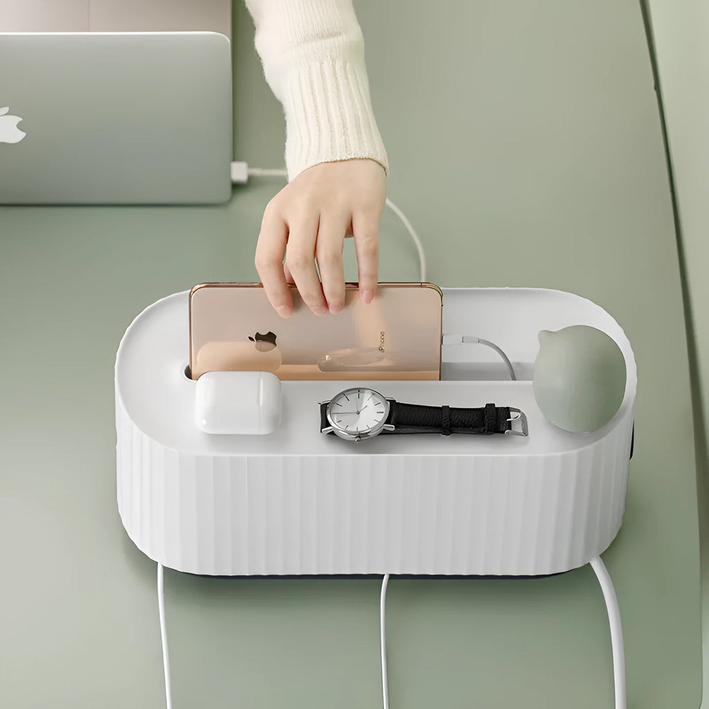 Blue and white HIPS power strip storage box with dustproof cover showing cable routing holes