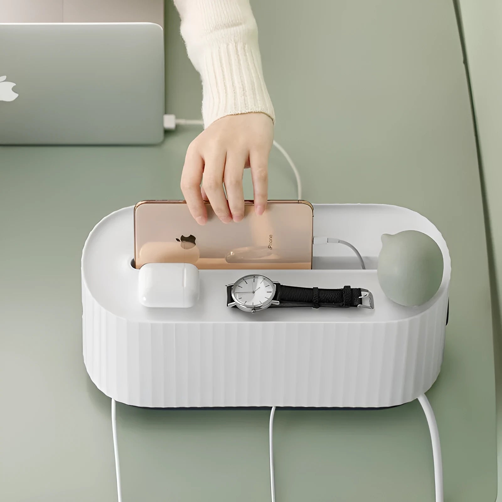 Blue and white HIPS power strip storage box with dustproof cover showing cable routing holes