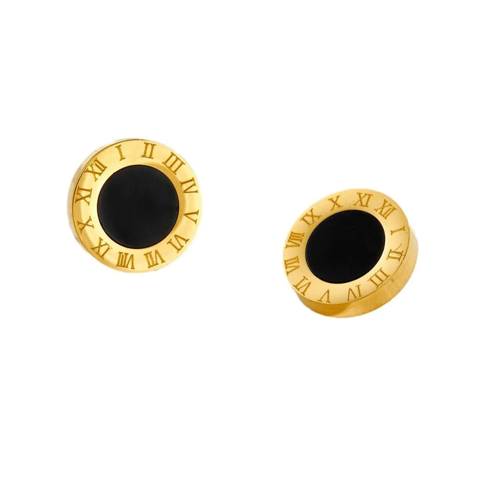 Titanium steel Roman stud earrings for men in gold finish, geometric round shape