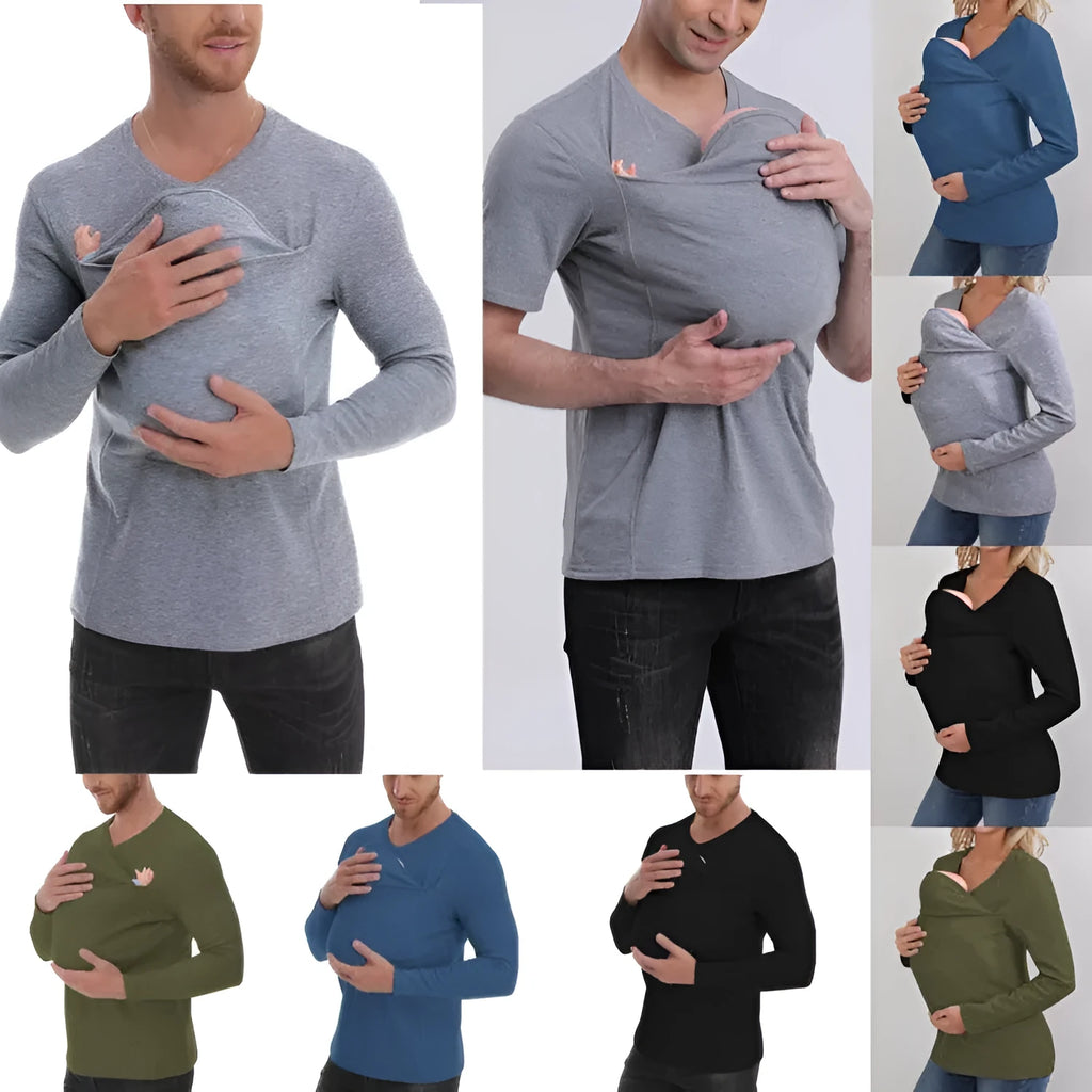 Kangaroo Dad pure cotton long sleeve T-shirt in gray, solid colour spliced design pullover