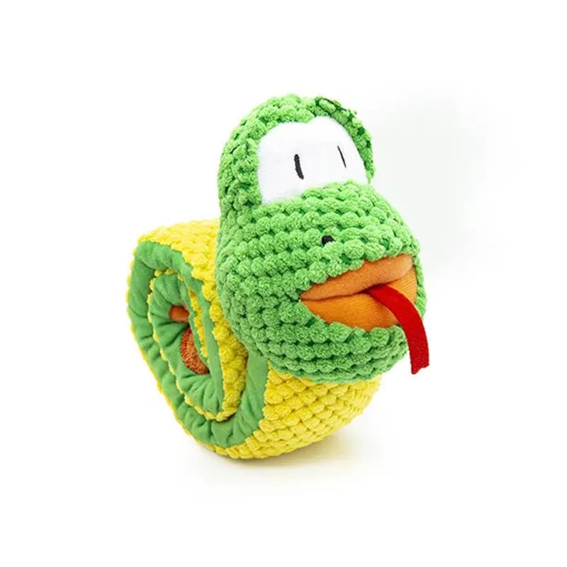 Squeaky dog puzzle toy in snail shape with velvet fabric, showing hidden food holes for foraging games.