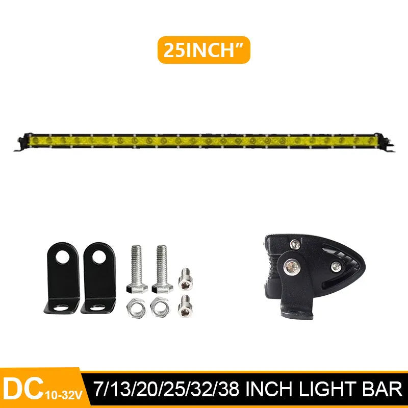 25-inch single row aluminium LED light bar with cool white lights and mounting brackets.