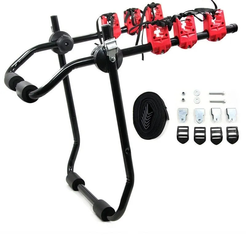 Black and red trunk-mounted car bike rack with iron frame, shown with tie rope fastenings.