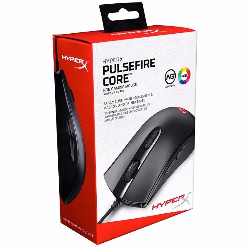 HyperX Pulsefire Core wired RGB gaming mouse in black and pink colour options on a desk.