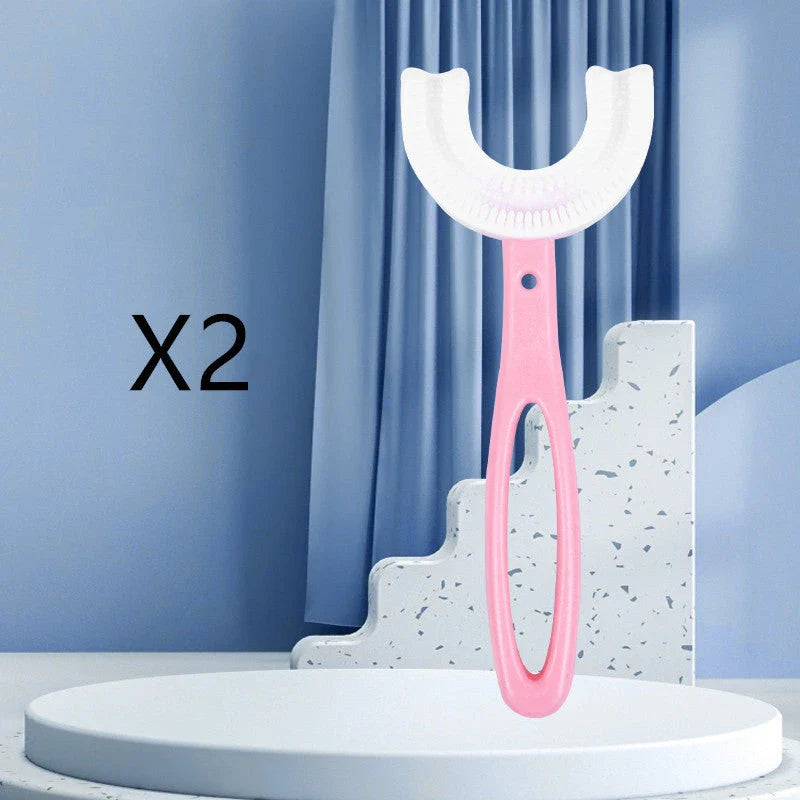 U-shaped children's soft rubber toothbrush in various colors including pink, blue, and long options