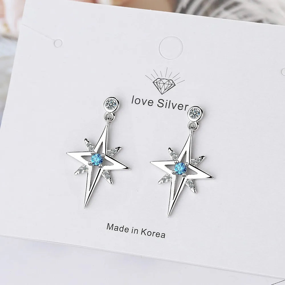 Women's Korean-style hexagonal star ear studs in copper with white gold plating, platinum colour