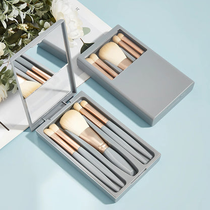 Sky blue 5-piece makeup brush set with plastic handles and travel mirror box, compact for bags
