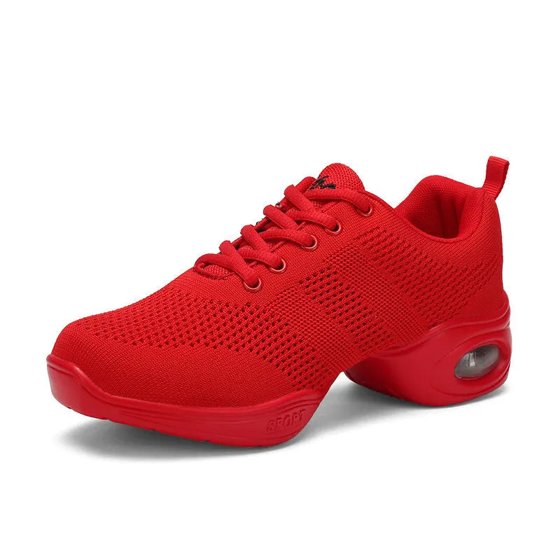Women's breathable flyknit mesh dance shoes with PU sole in red colour