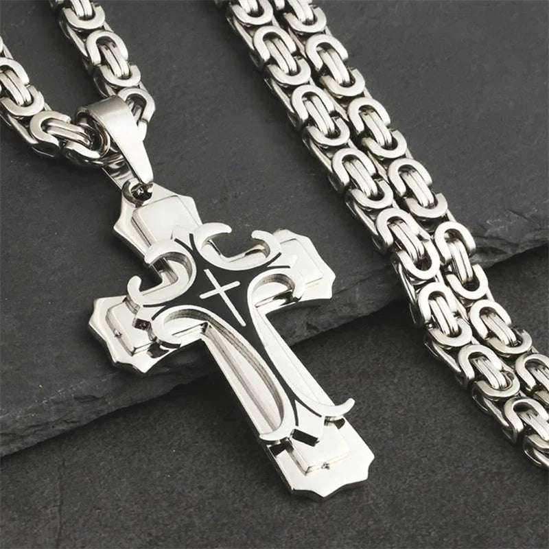 Men's Christian Trinity Latin Cross Necklace in stainless steel with three layers