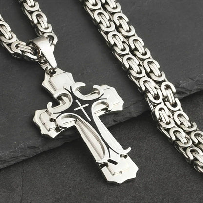 Men's Christian Trinity Latin Cross Necklace in stainless steel with three layers