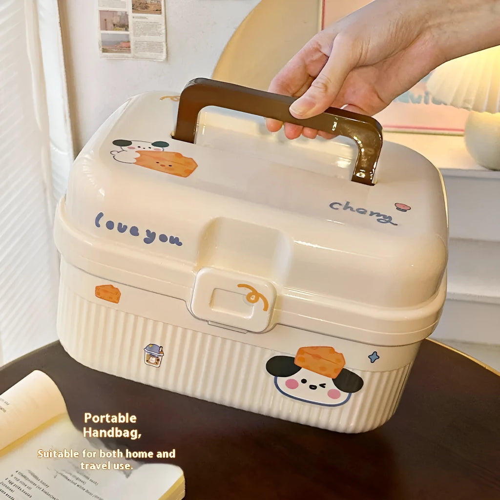 White double-layer plastic storage box with a removable central divider, shown with labelling stickers.