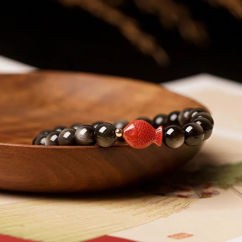 Natural obsidian bracelet with cinnabar fungus pattern on round beads in three size options