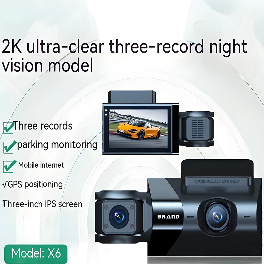 Black car dashboard camera with 5-inch screen, GPS antenna, and front/rear recording capability