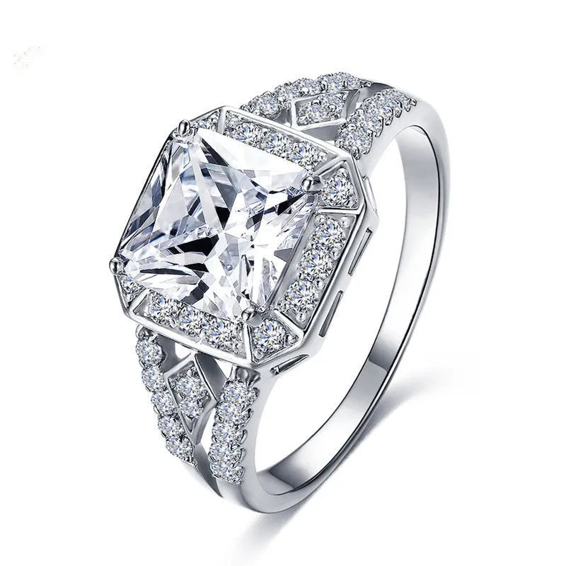 Women's geometric zircon ring with hollow quadrilateral design in platinum-colour copper