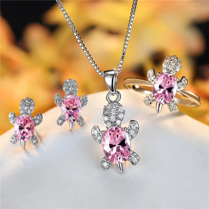 Cartoon Turtle Pendant Rhinestone Necklace with Rainbow Stone for Women and Children