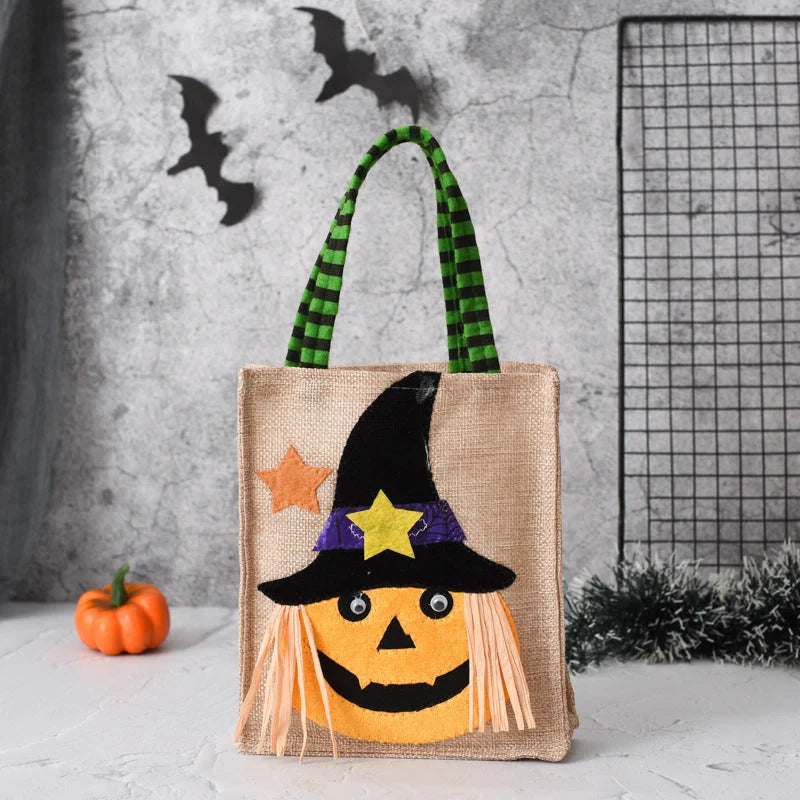 Halloween candy tote bag for kids featuring fun witch, skull, pumpkin, and black cat designs