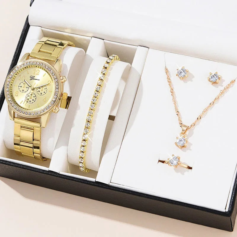 Women's three-eye quartz diamond-embedded watch with alloy strap in rose gold colour