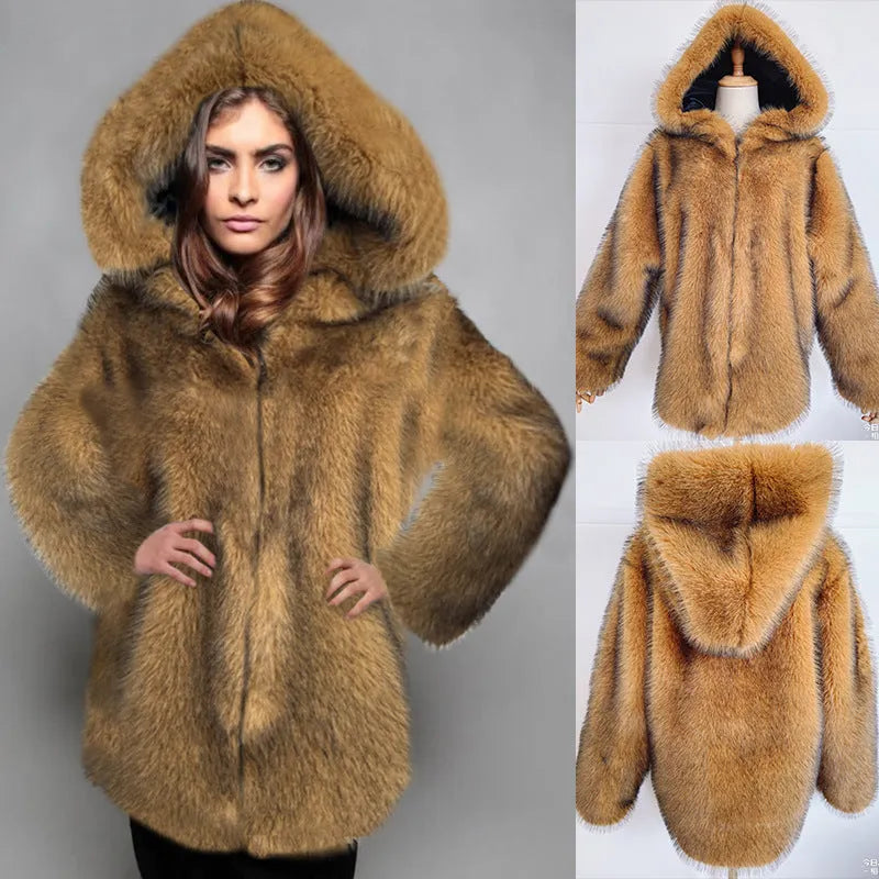 Silver grey women's artificial fur coat with loose fit and mid-length 65cm measurement