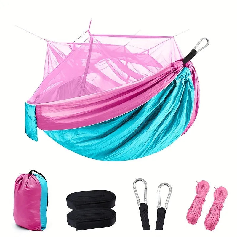 Camping hammock portable double with mosquito net for two people outdoor hiking travel blue green orange pink