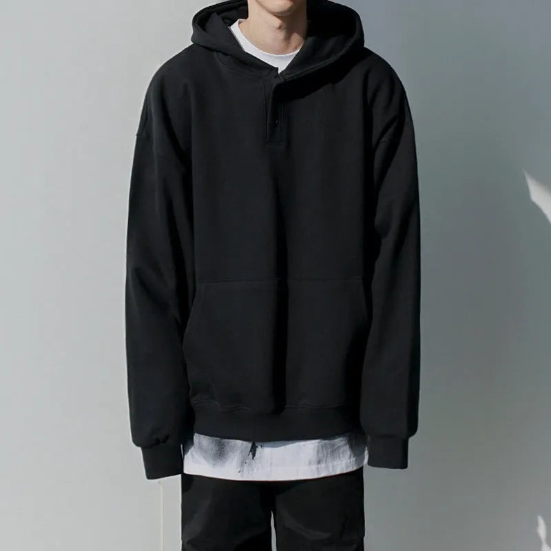 Men's hooded cotton sweatshirt black loose fit with button detail and hidden pocket